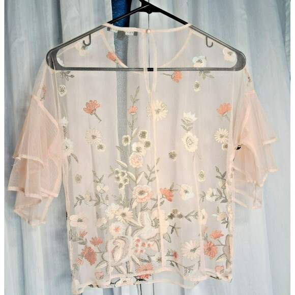 Haute Monde Sheer Embroidered Floral Top Short Sleeve Size Large - Picture 4 of 11